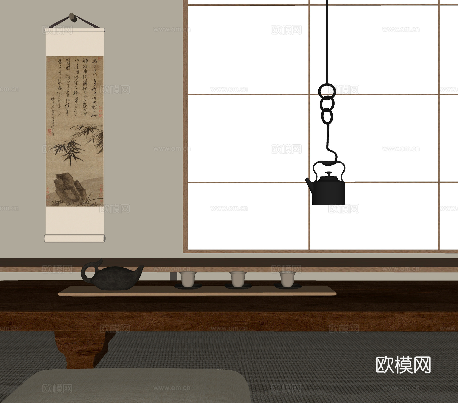 新中式茶几摆件 茶室 茶桌椅 挂画su模型