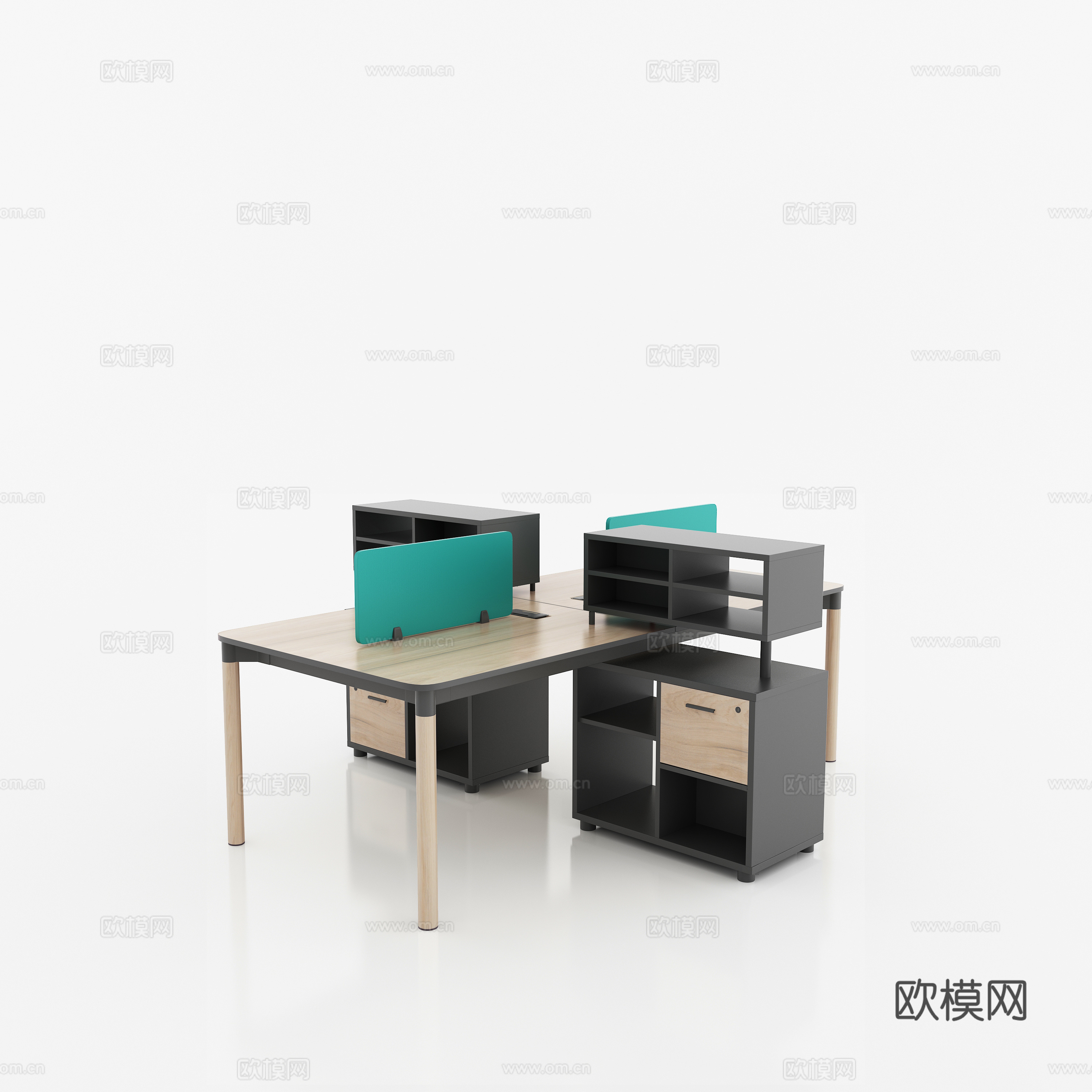 现代挡板四人位职员桌 副柜办公桌 浅色木纹员工桌3d模型下载