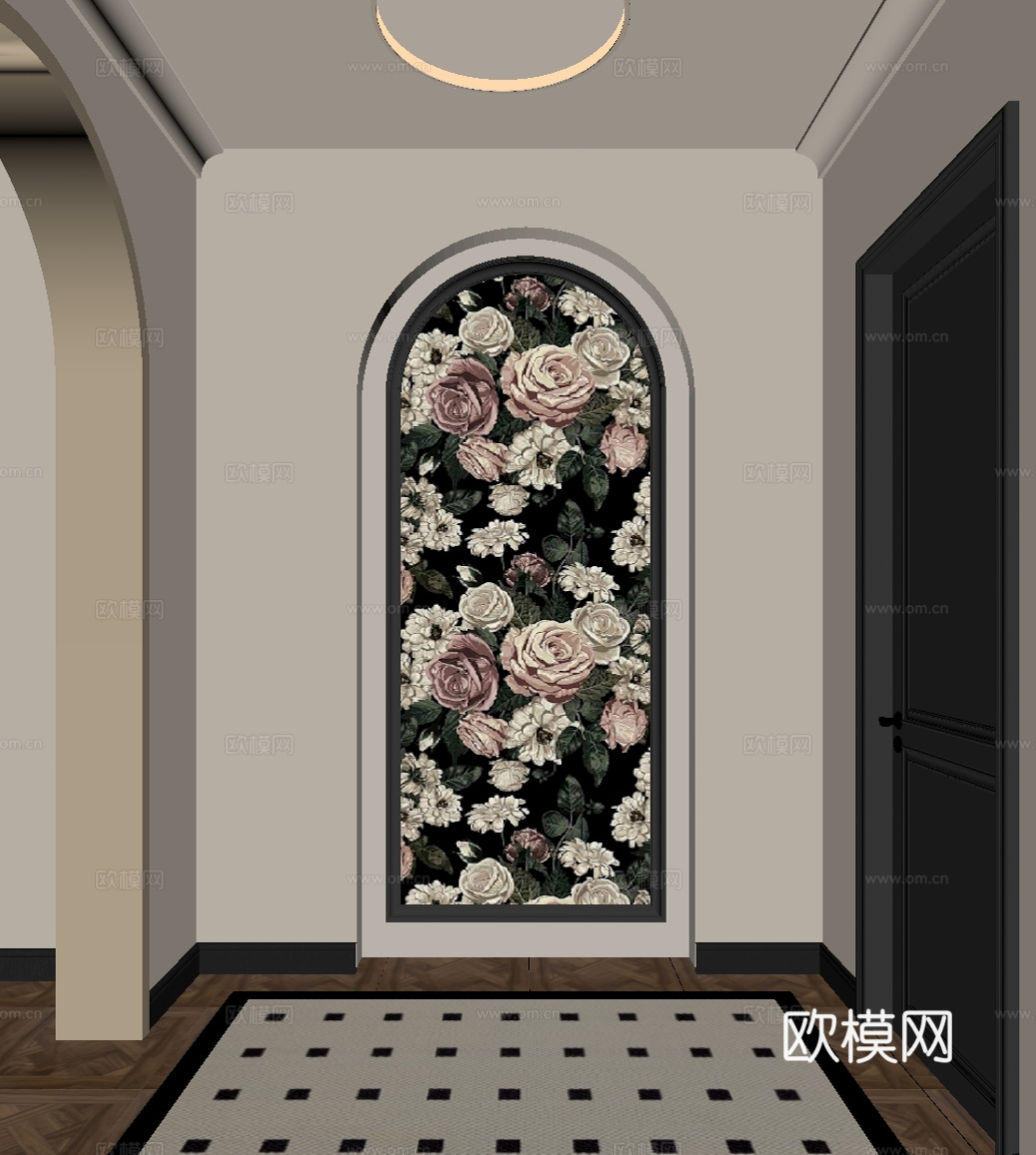 法式玄关 法式挂画法式装饰画 复古风抽象画 圆弧挂画su模型