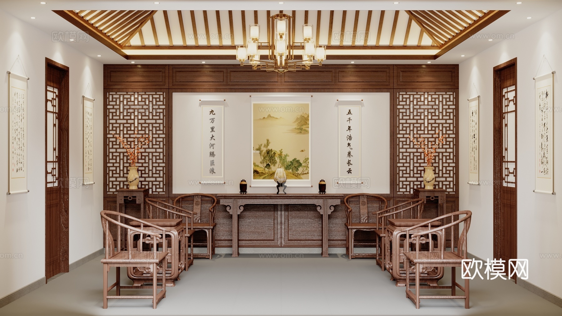 中式客厅庭院大厅房间3d模型下载（渲染图2）