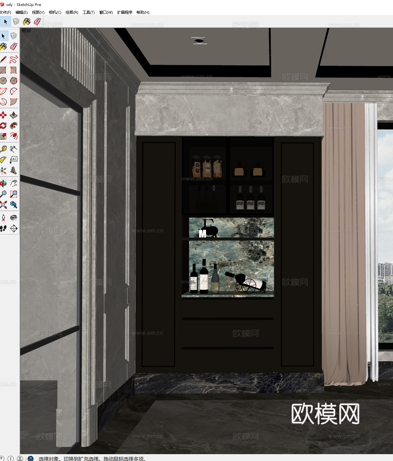 现代意式酒柜橱柜 奢石轻奢餐边柜 红酒饰品摆件装饰 黑色石材su模型