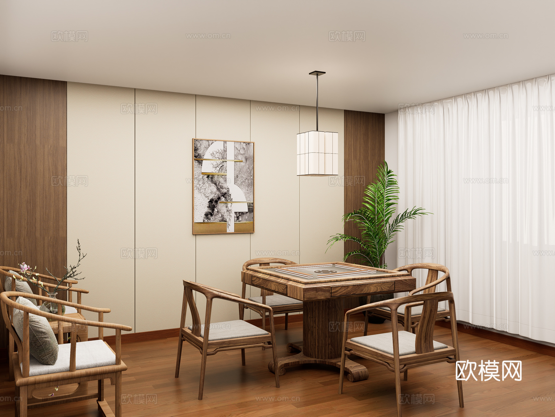 新中式麻将室 棋牌室 棋牌桌 麻将房 沙发椅茶几su模型