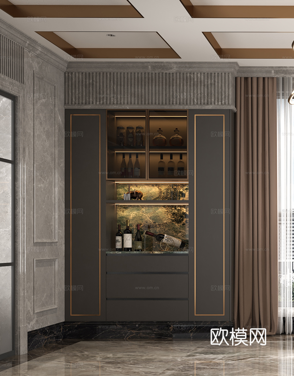 现代意式酒柜橱柜 奢石轻奢餐边柜 红酒饰品摆件装饰 黑色石材su模型