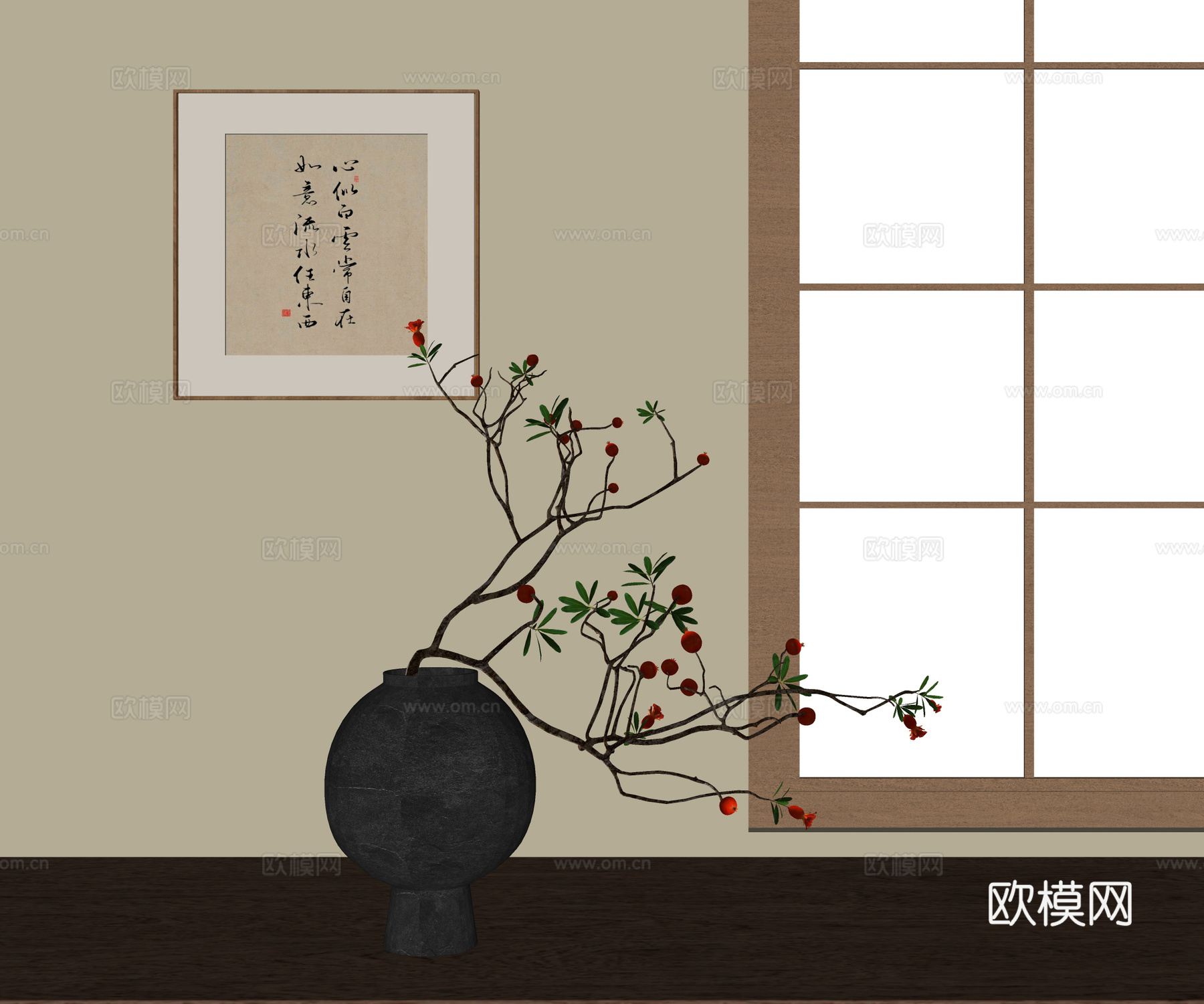 新中式花陶罐花艺 插花花艺 挂画su模型