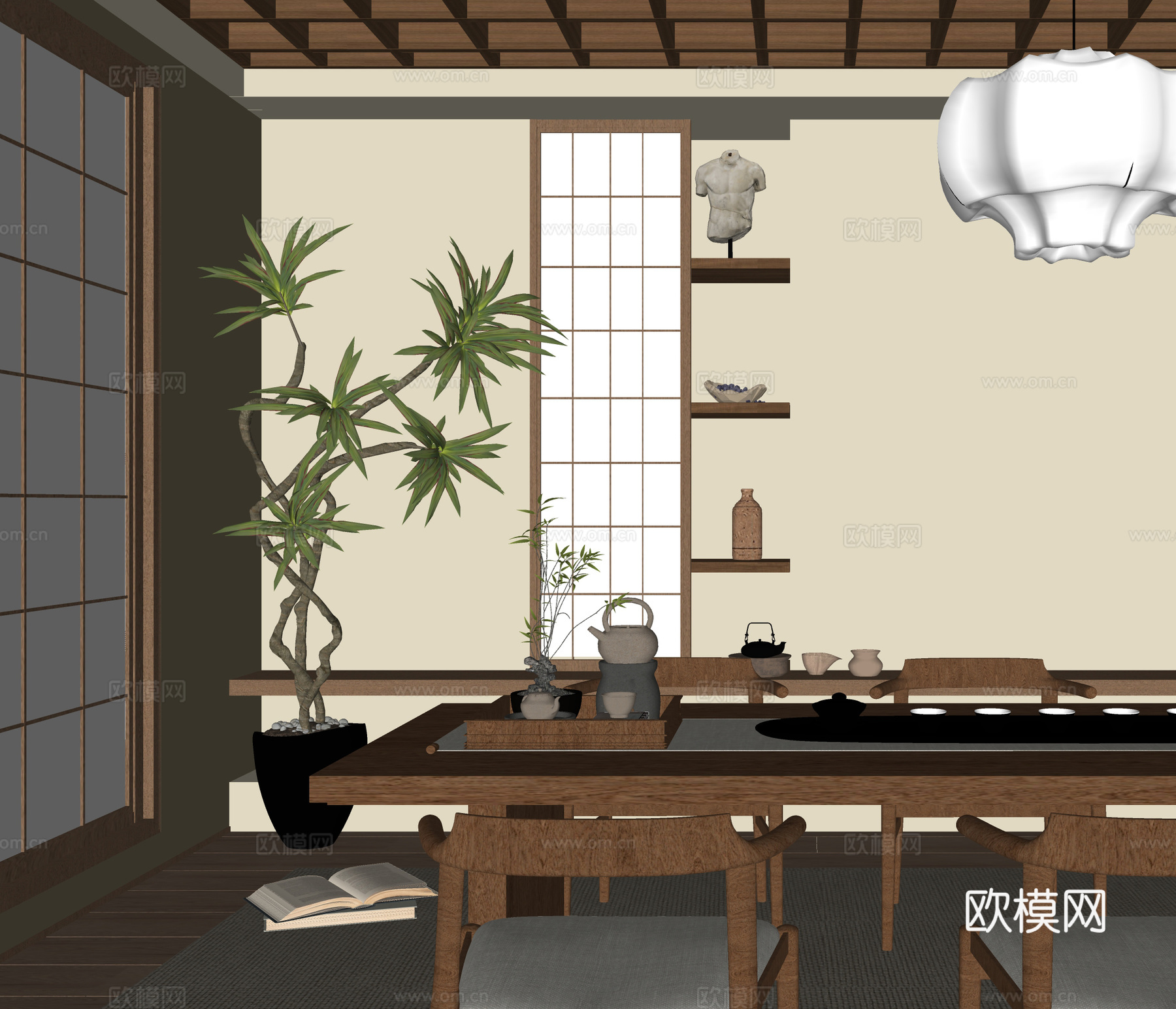 现代茶室 茶具摆件 茶桌椅su模型