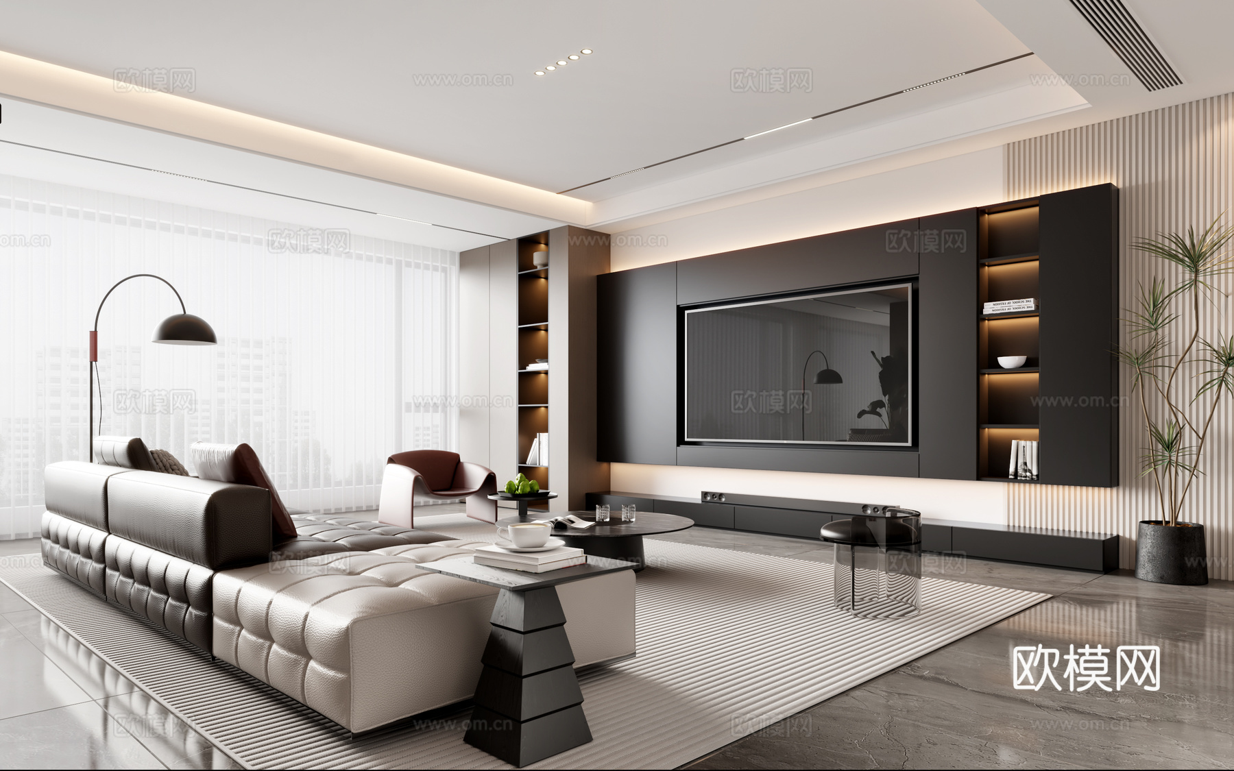 意式客餐厅 意式沙发 意式餐桌 意式书桌 意式酒柜3d模型下载（渲染图1）