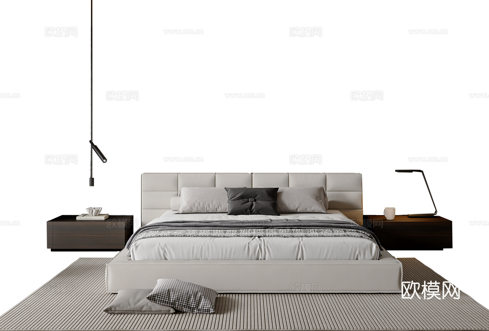 现代双人床 吊灯 床头柜  台灯  布艺双人床3d模型下载