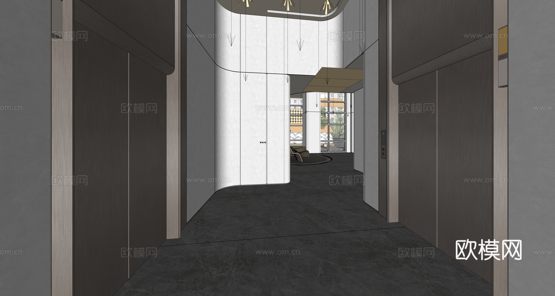 现代酒店电梯厅大堂 电梯间等候区su模型