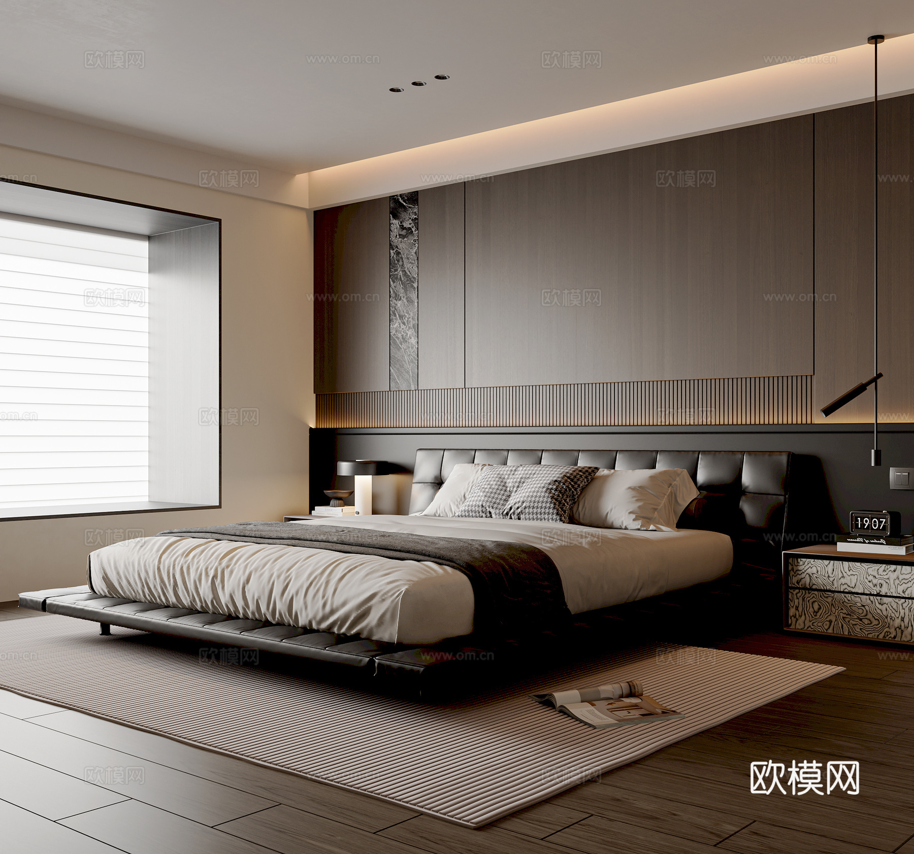 现代意式卧室 皮质双人床 床头柜 吊灯 台灯 卧室摆件3d模型下载