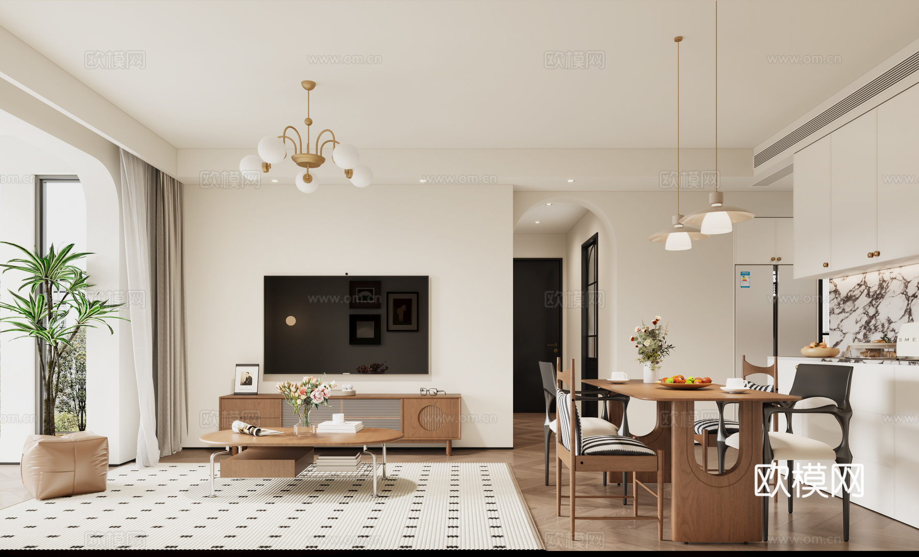 中古风客餐厅 中古风餐桌椅 中古风电视柜 中古风沙发3d模型下载（渲染图2）