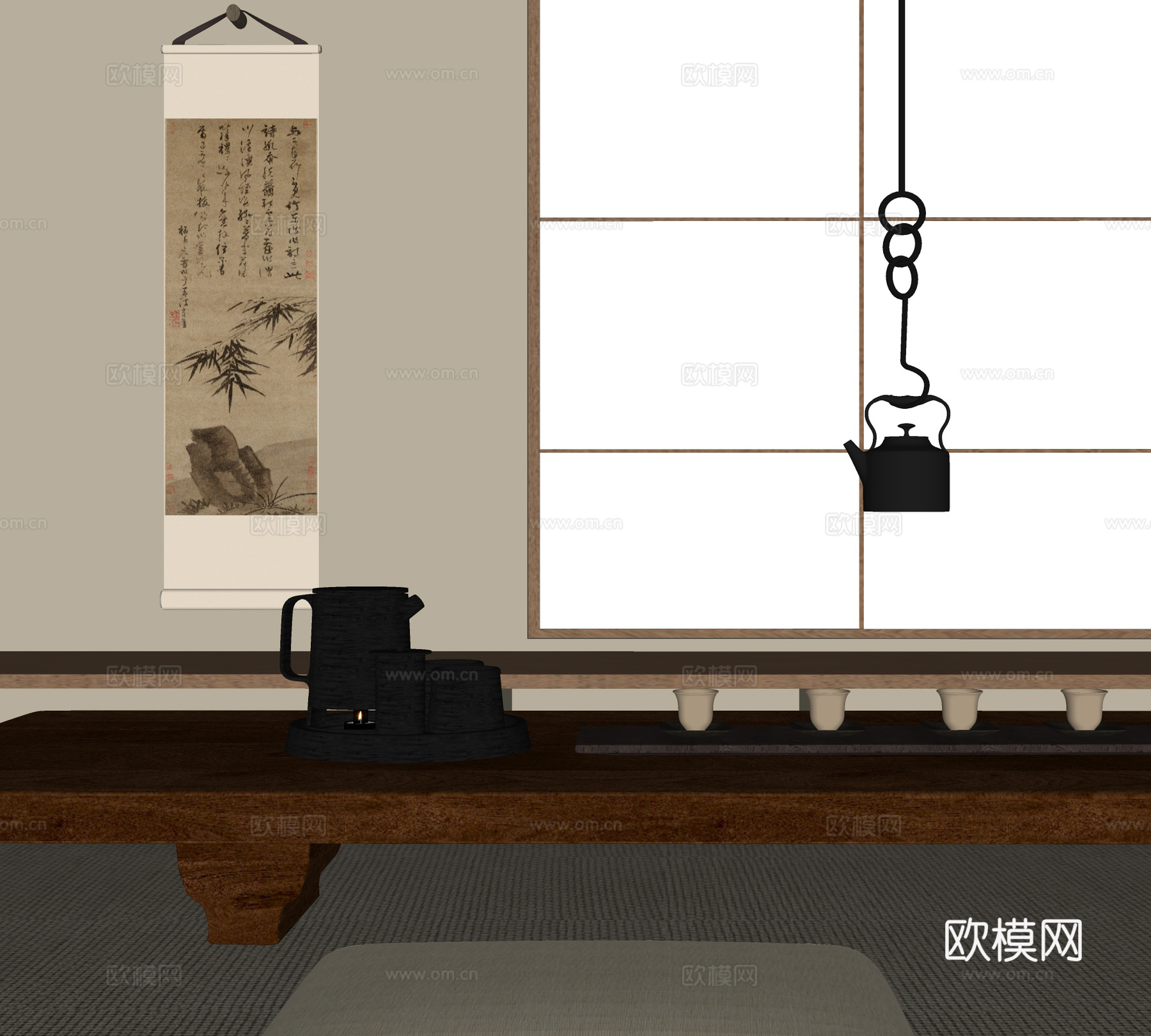 现代茶具摆件 挂画 茶室 茶桌椅su模型