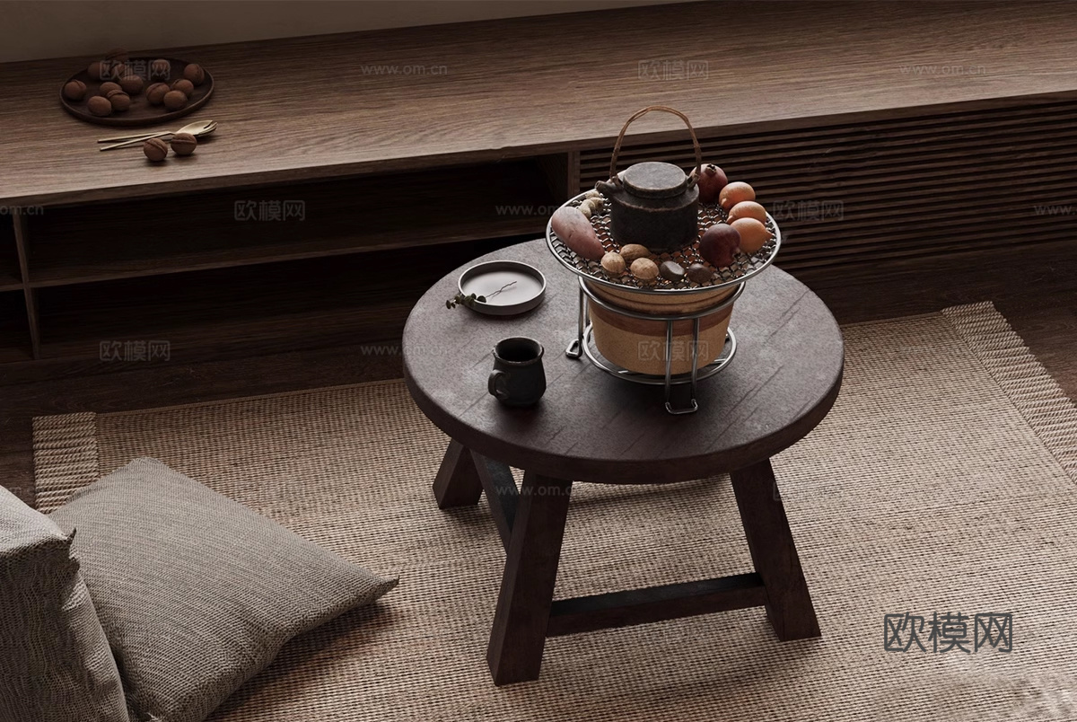 现代围炉煮茶茶具 茶壶 茶台su模型