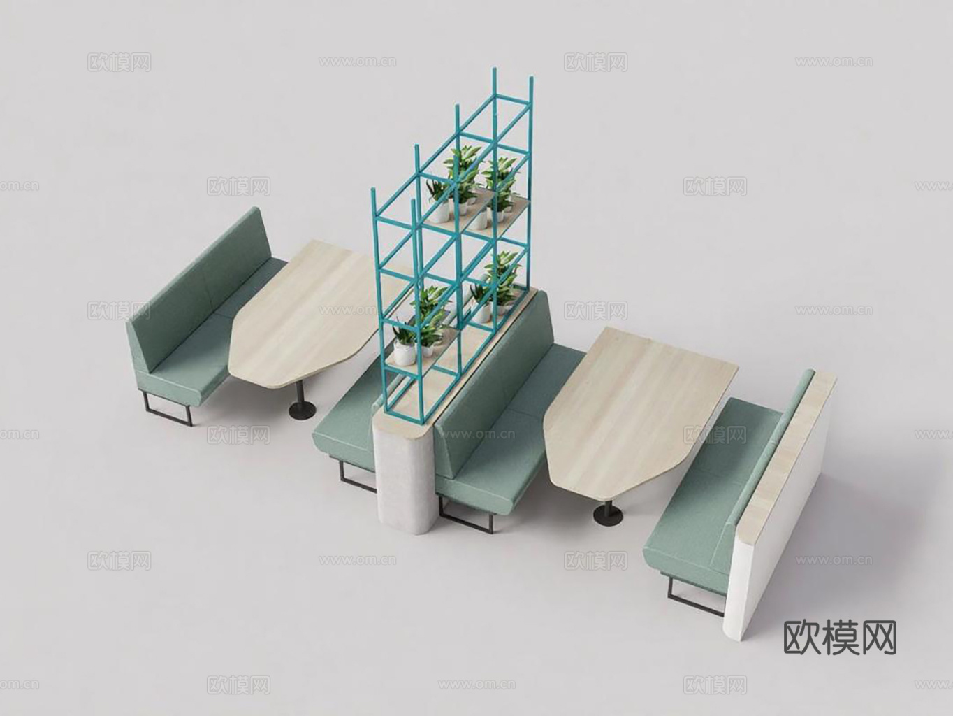 北欧风浅绿沙发卡座 异形木云桌 蓝框多层绿植架su模型
