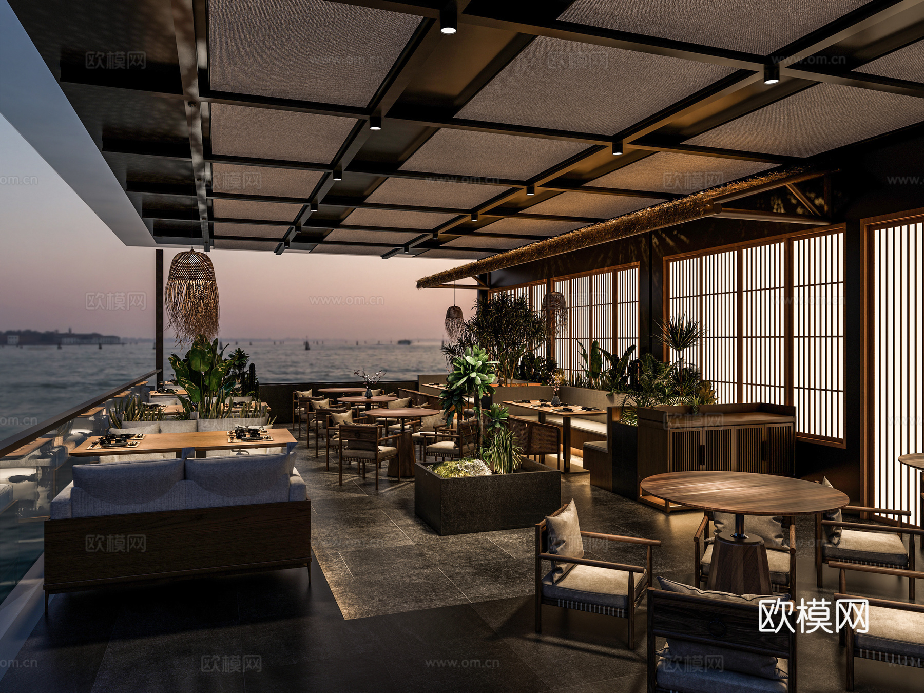 屋顶花园茶餐厅 餐桌椅卡座 户外露天餐厅 绿植花池su模型