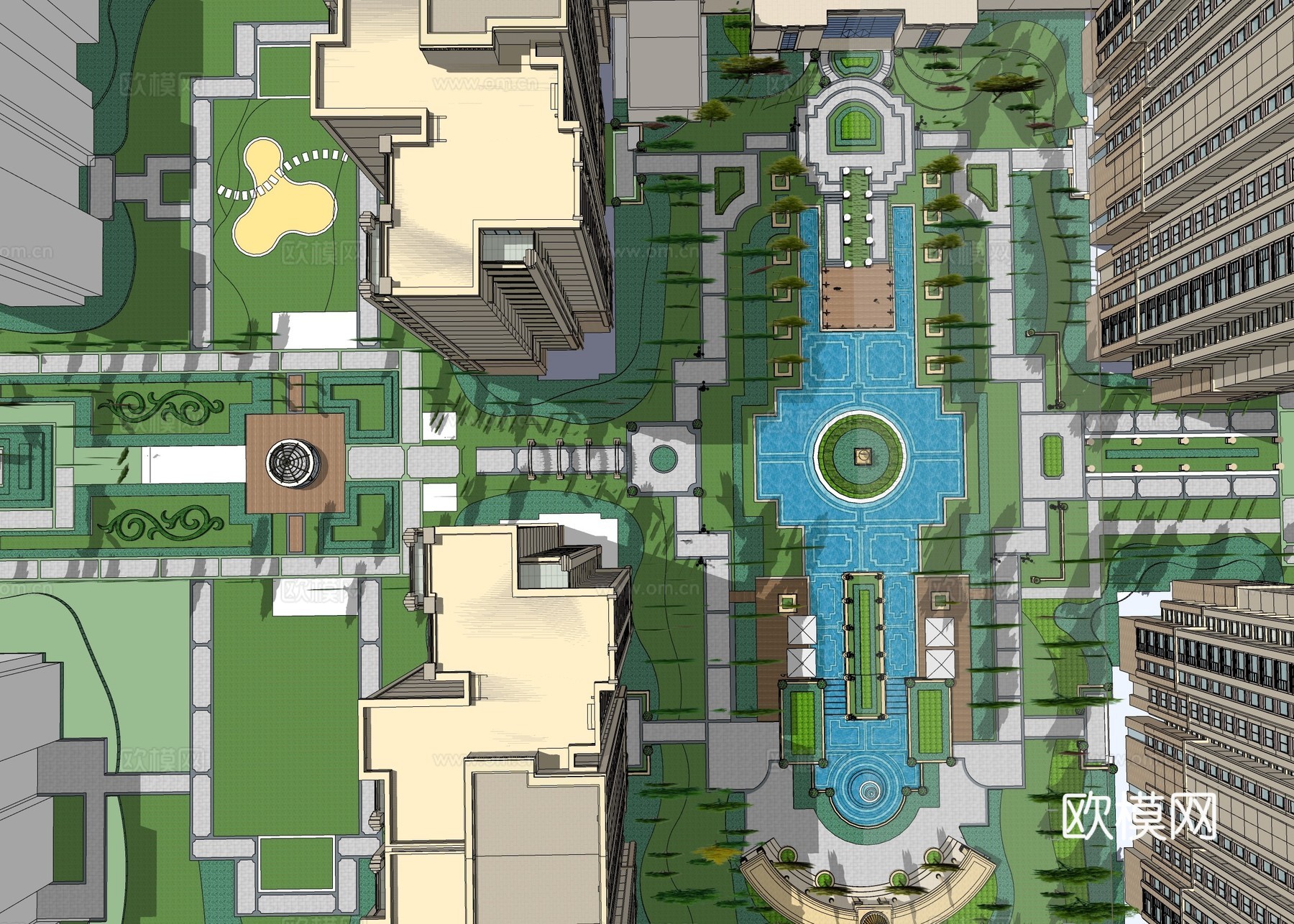 欧式风格中轴水景喷泉景观 欧式对称轴景观 欧式住宅景观su模型