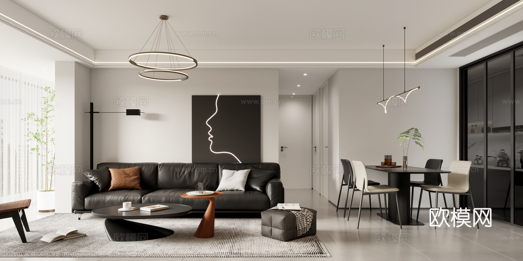 黑白灰客餐厅 黑白灰餐桌椅 黑白灰电视背景 黑白灰酒柜3d模型下载（渲染图2）