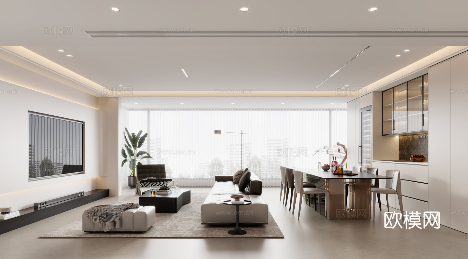 意式客餐厅 意式餐桌 意式沙发 意式酒柜 意识厨房3d模型下载（渲染图1）