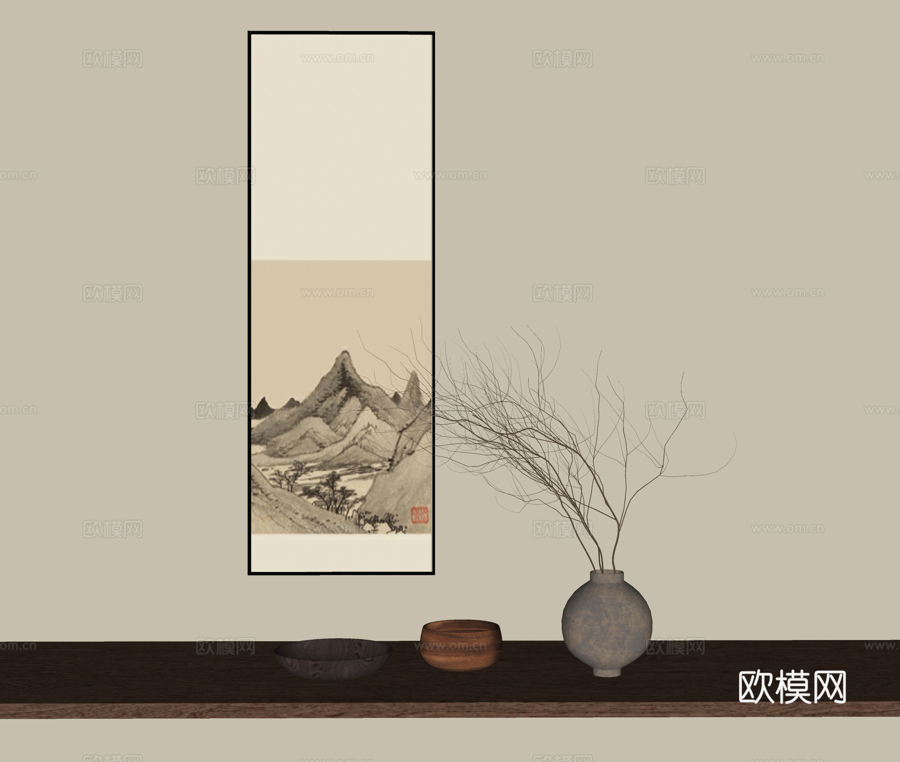 新中式挂画 山水画 摆件su模型