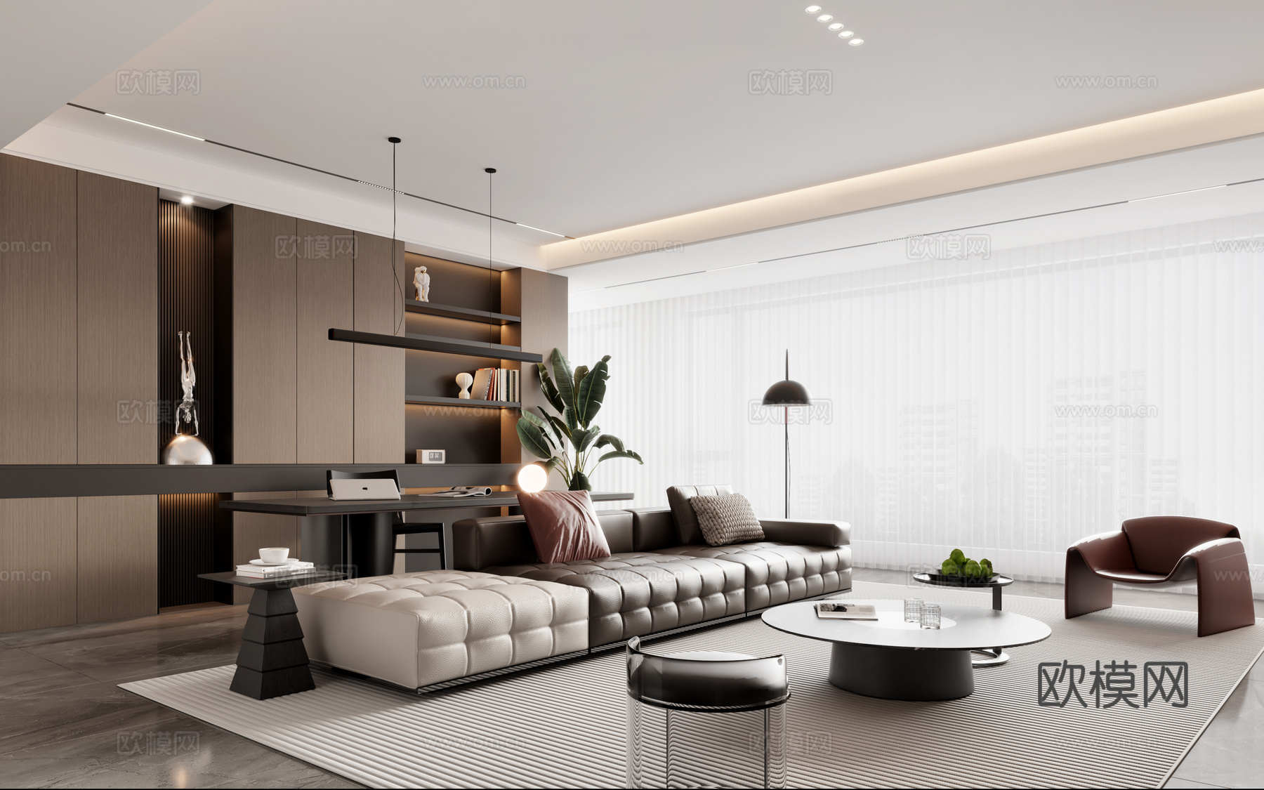 意式客餐厅 意式沙发 意式餐桌 意式书桌 意式酒柜3d模型下载（渲染图2）