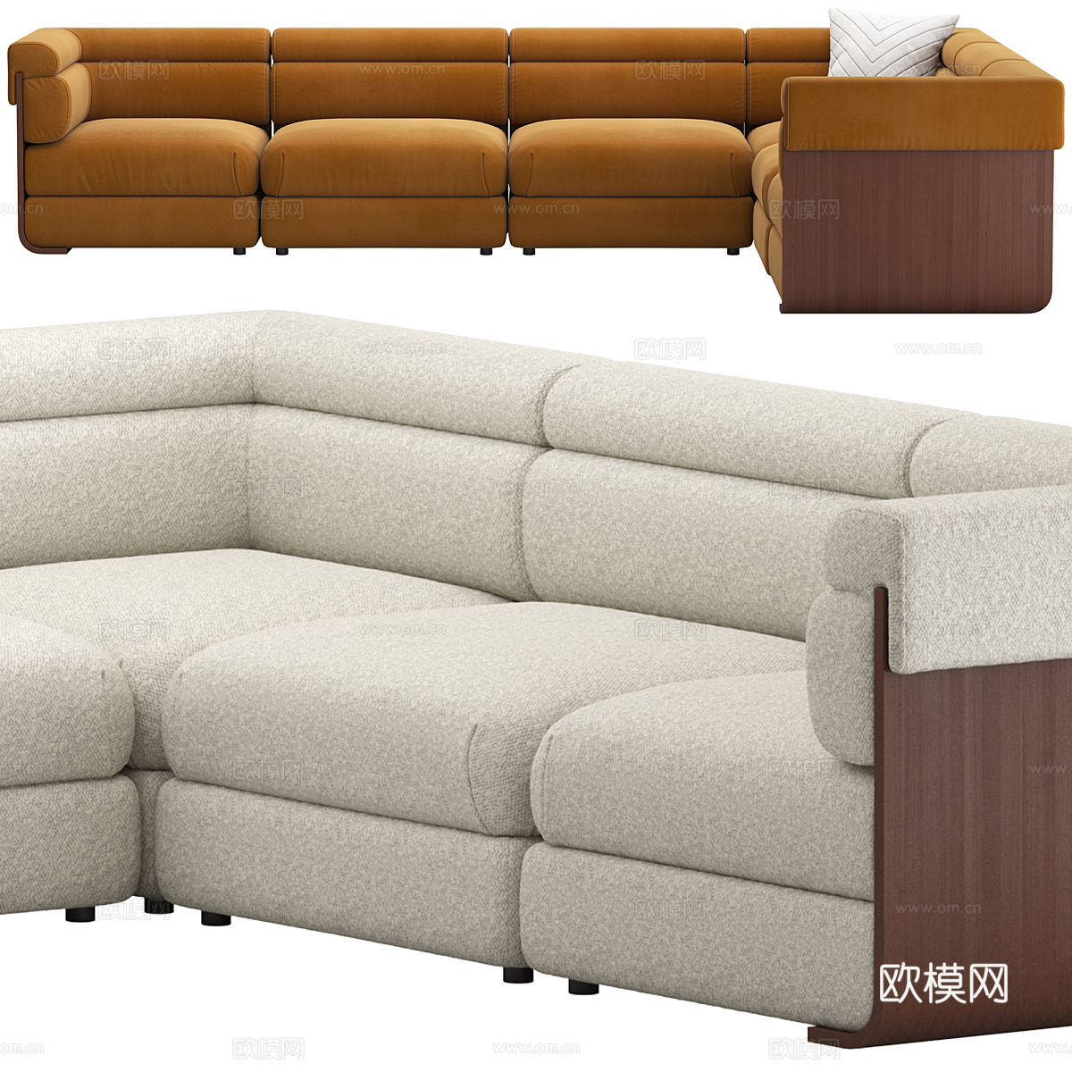 现代意式布艺木质组合转角沙发3d模型下载（渲染图2）