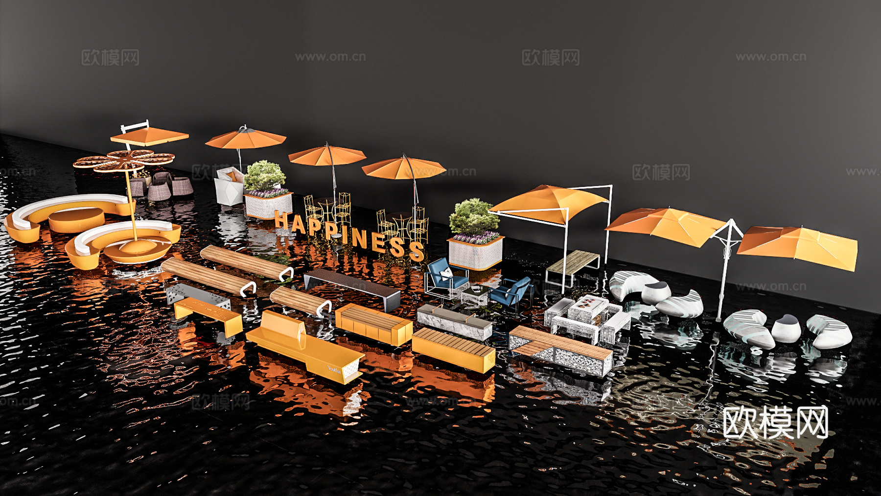 景观座椅 外摆 条石座椅 伞座su模型