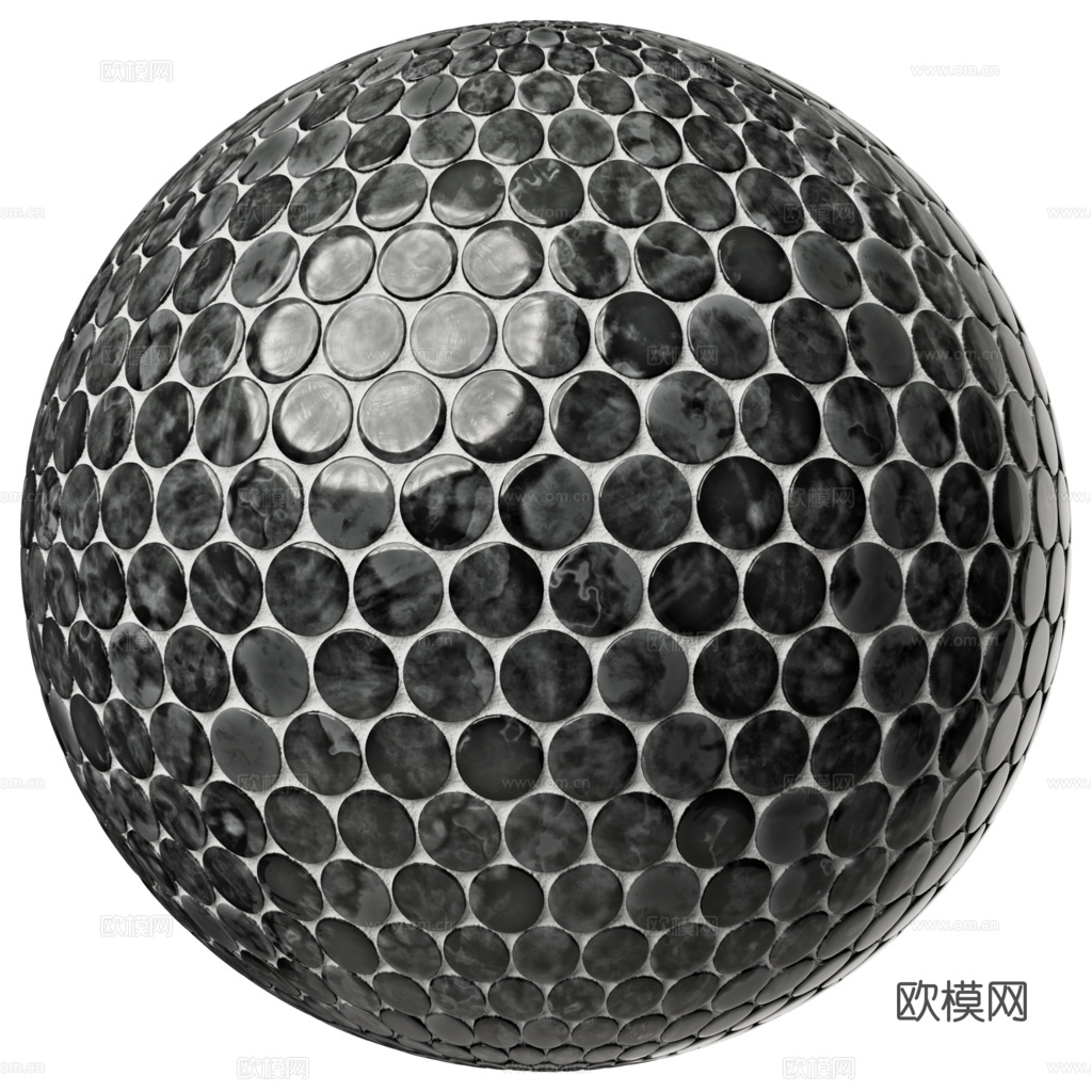 无缝纯黑圆形马赛克瓷砖墙砖 PBR材质贴图1k