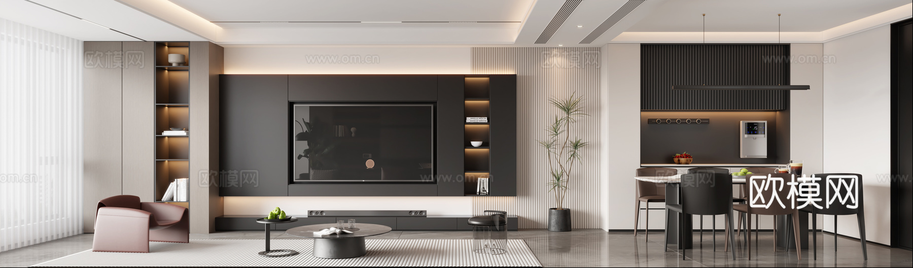 意式客餐厅 意式沙发 意式餐桌 意式书桌 意式酒柜3d模型下载（渲染图3）