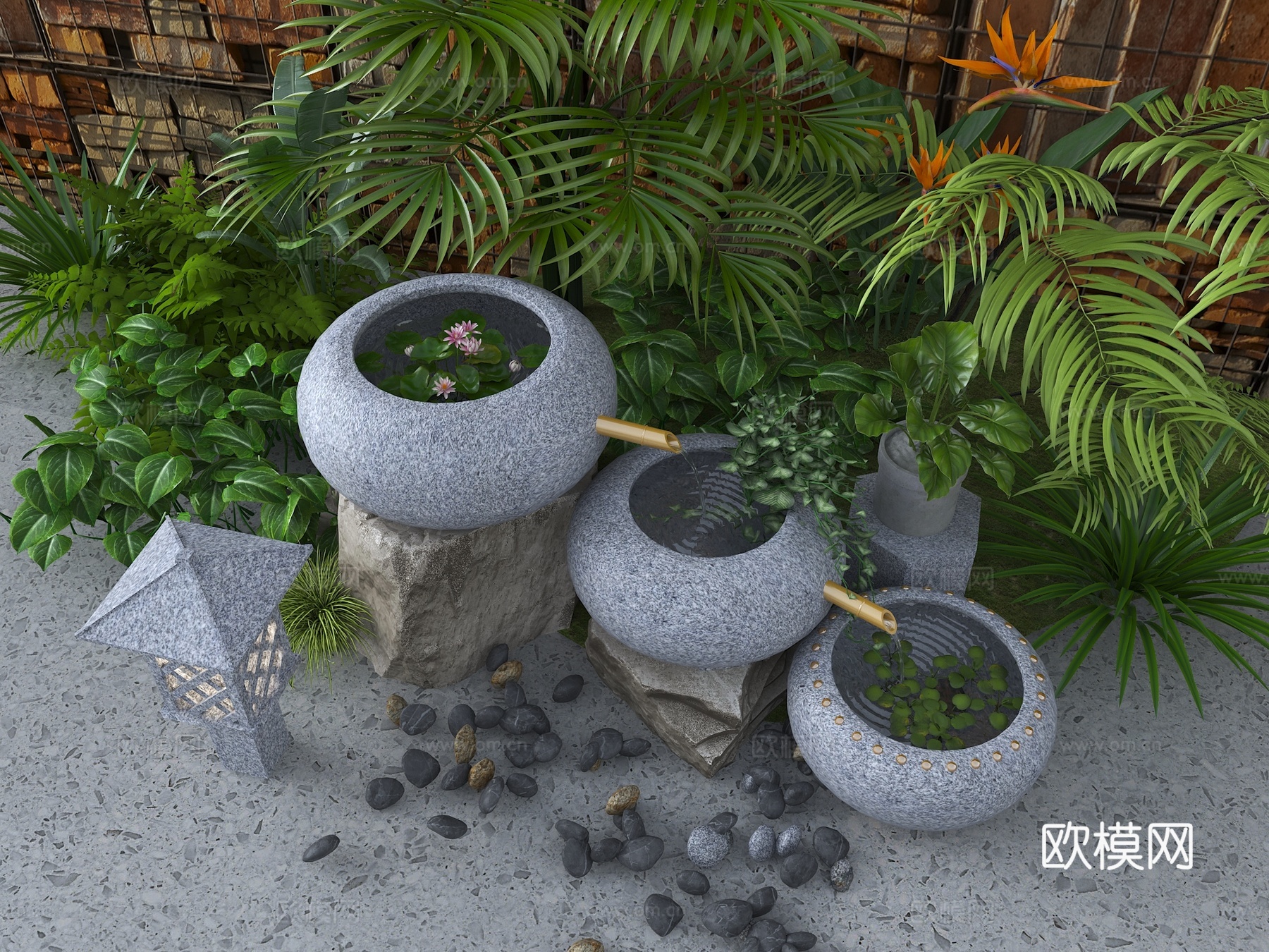 现代流水摆件 石臼水景 阳台流水造景 民宿别墅流水摆件 流水3d模型下载