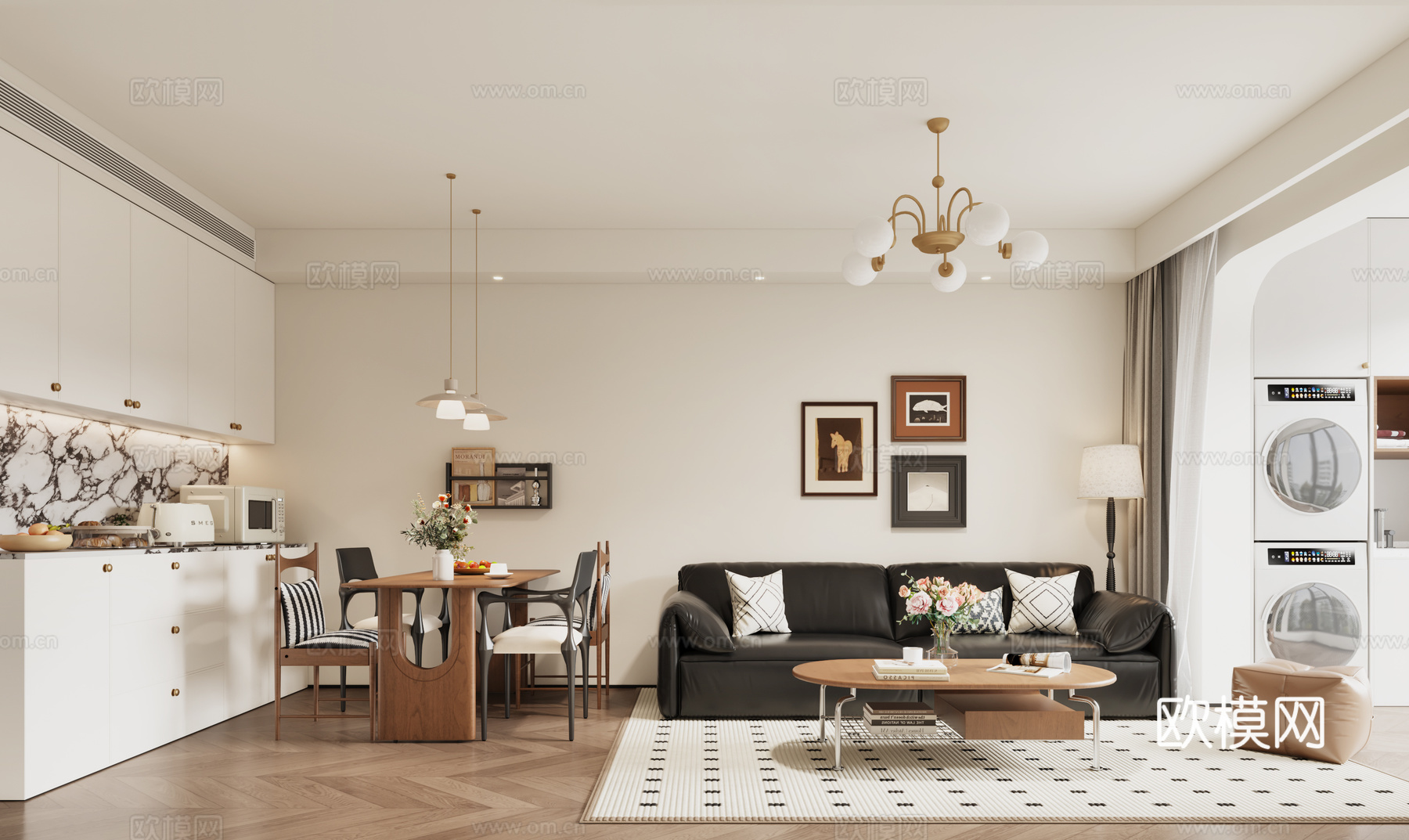 中古风客餐厅 中古风餐桌椅 中古风电视柜 中古风沙发3d模型下载（渲染图1）