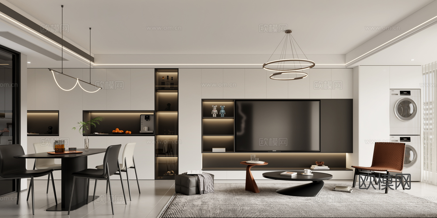 黑白灰客餐厅 黑白灰餐桌椅 黑白灰电视背景 黑白灰酒柜3d模型下载（渲染图1）