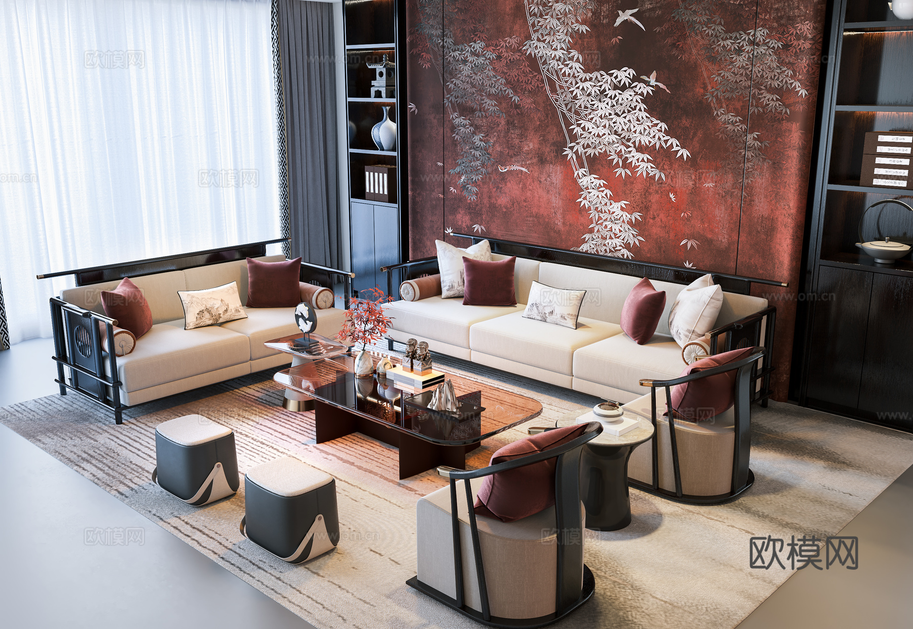 新中式 沙发茶几组合 宋氏美学 组合沙发 单人休闲椅 边几3d模型下载