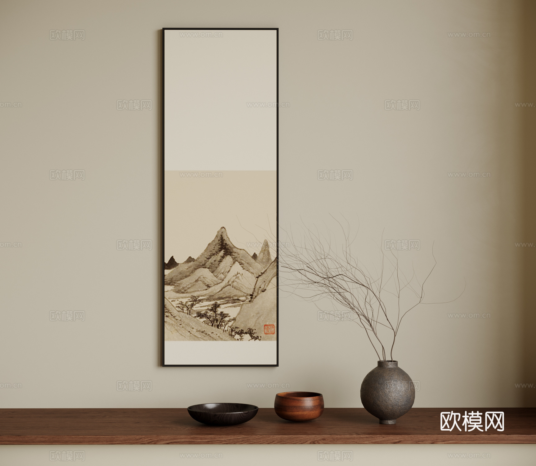 新中式挂画 山水画 摆件su模型