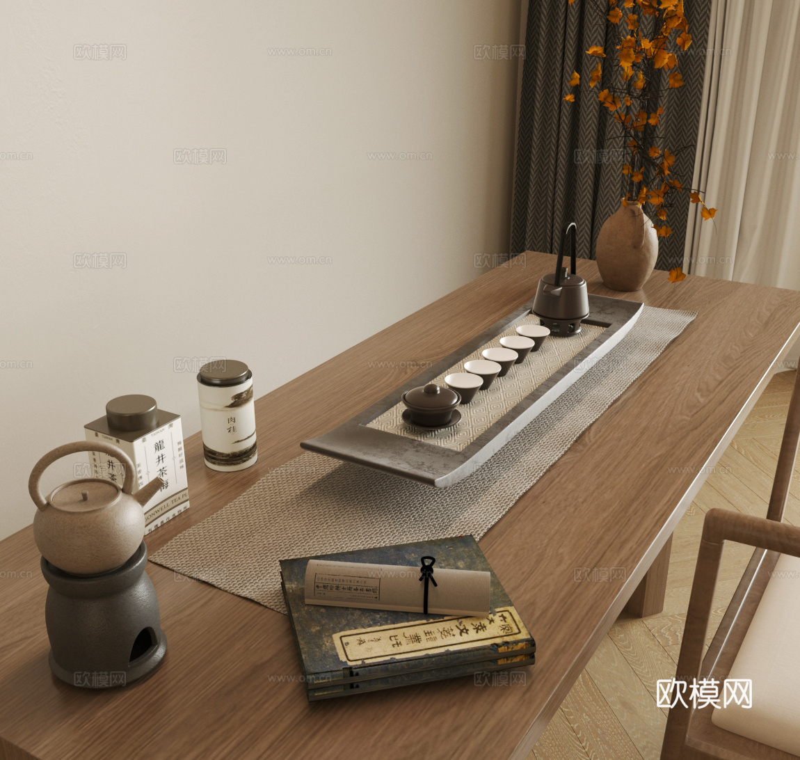新中式中式茶具 茶桌椅组合 茶艺摆件 盆栽 茶壶 茶几 书籍su模型