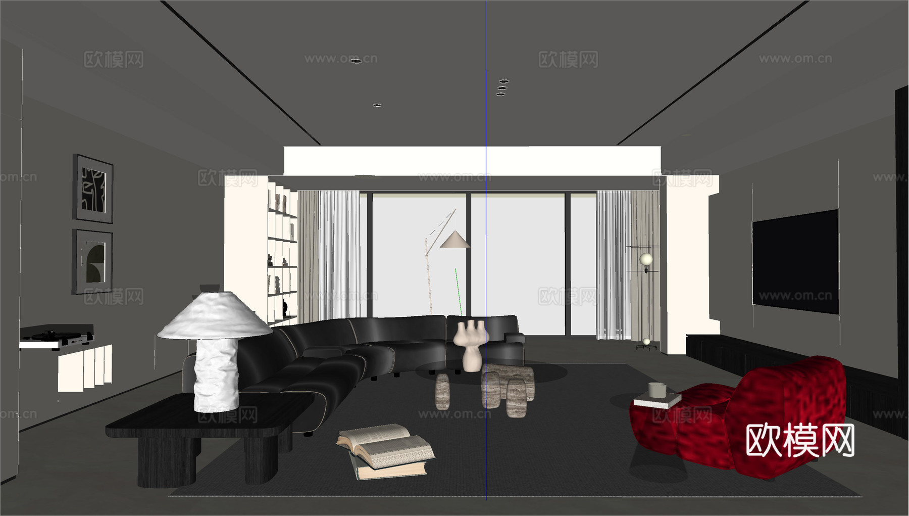 现代客厅 沙发组合 电视背景墙 茶几组合 落地灯 单椅组合su模型