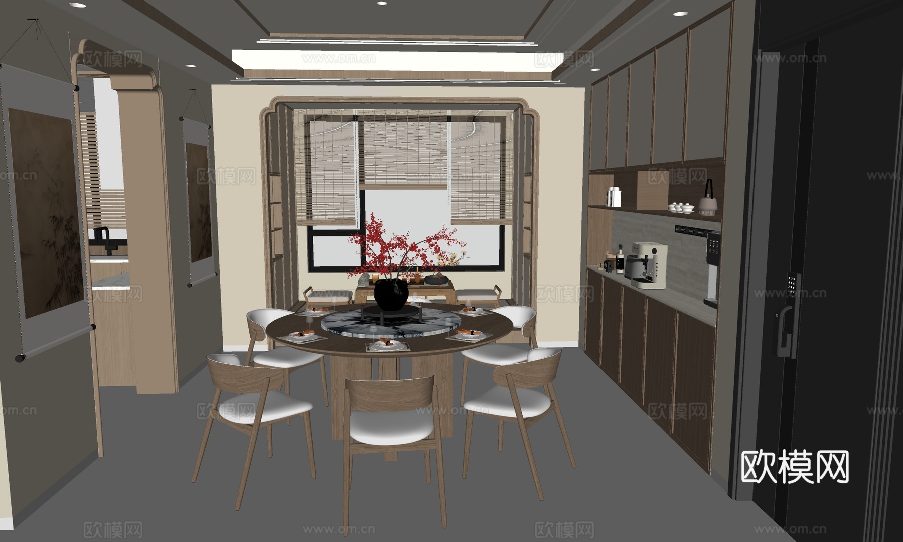 新中式禅意餐厅 宋式餐厅 实木餐桌椅组合 餐边柜 茶水柜su模型