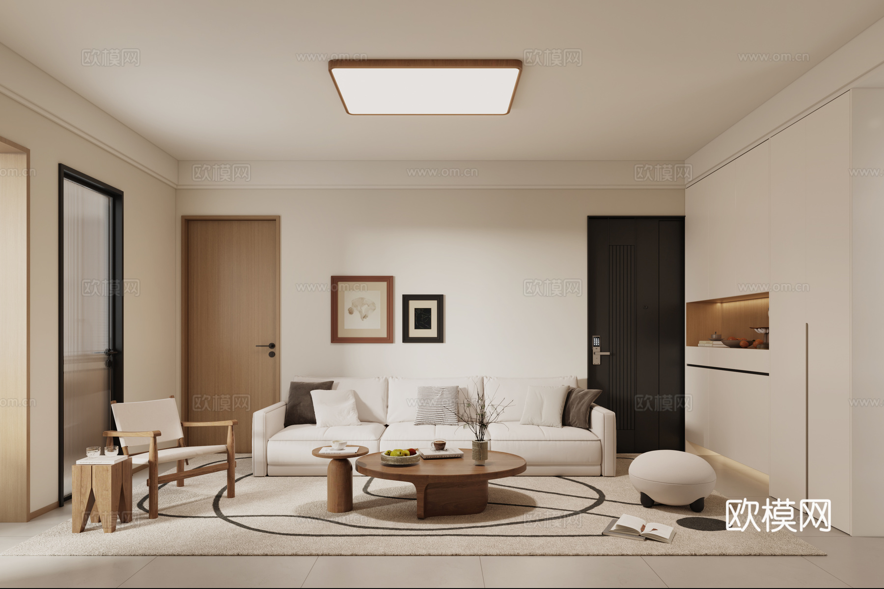 中古风客餐厅 中古风沙发 中古风餐桌 中古风挂画 玄关鞋柜3d模型下载（渲染图1）