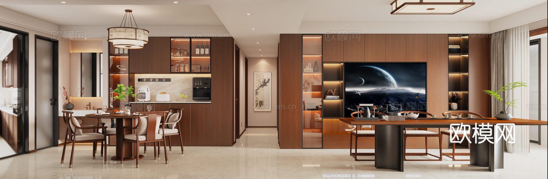 中古风客餐厅 新中式沙发 中古风茶桌 新中式餐桌 中式挂画3d模型下载（渲染图2）