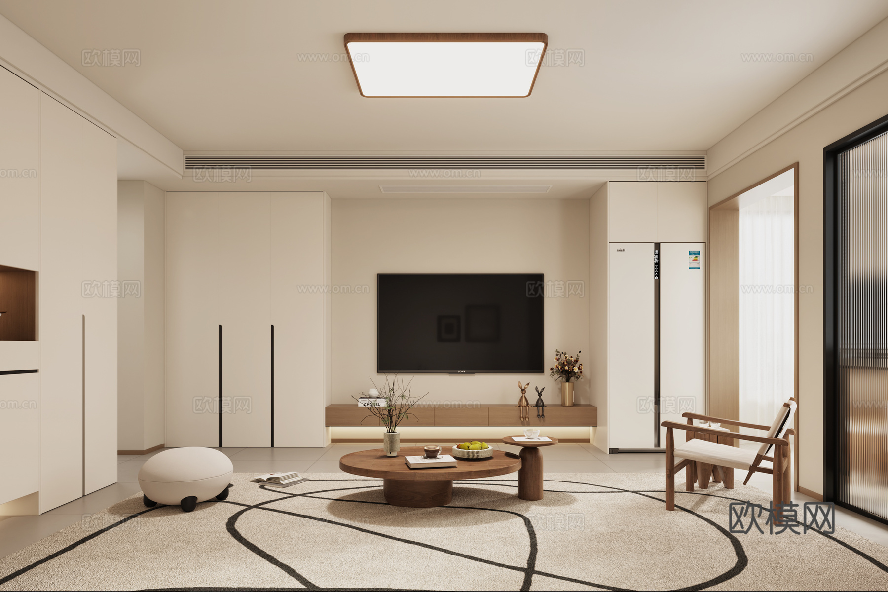 中古风客餐厅 中古风沙发 中古风餐桌 中古风挂画 玄关鞋柜3d模型下载（渲染图2）