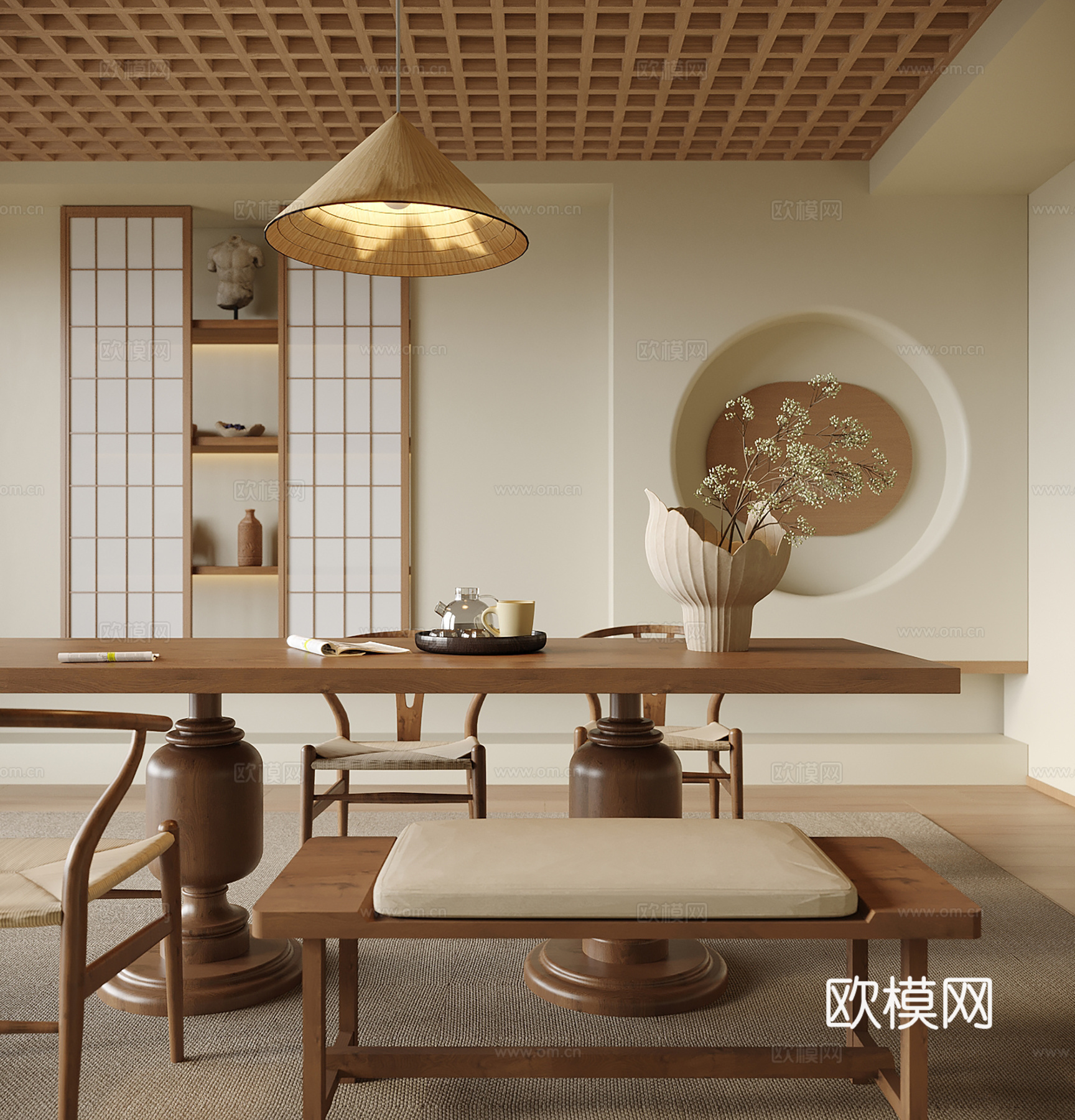 现代茶室 茶桌椅 吊灯 餐椅su模型