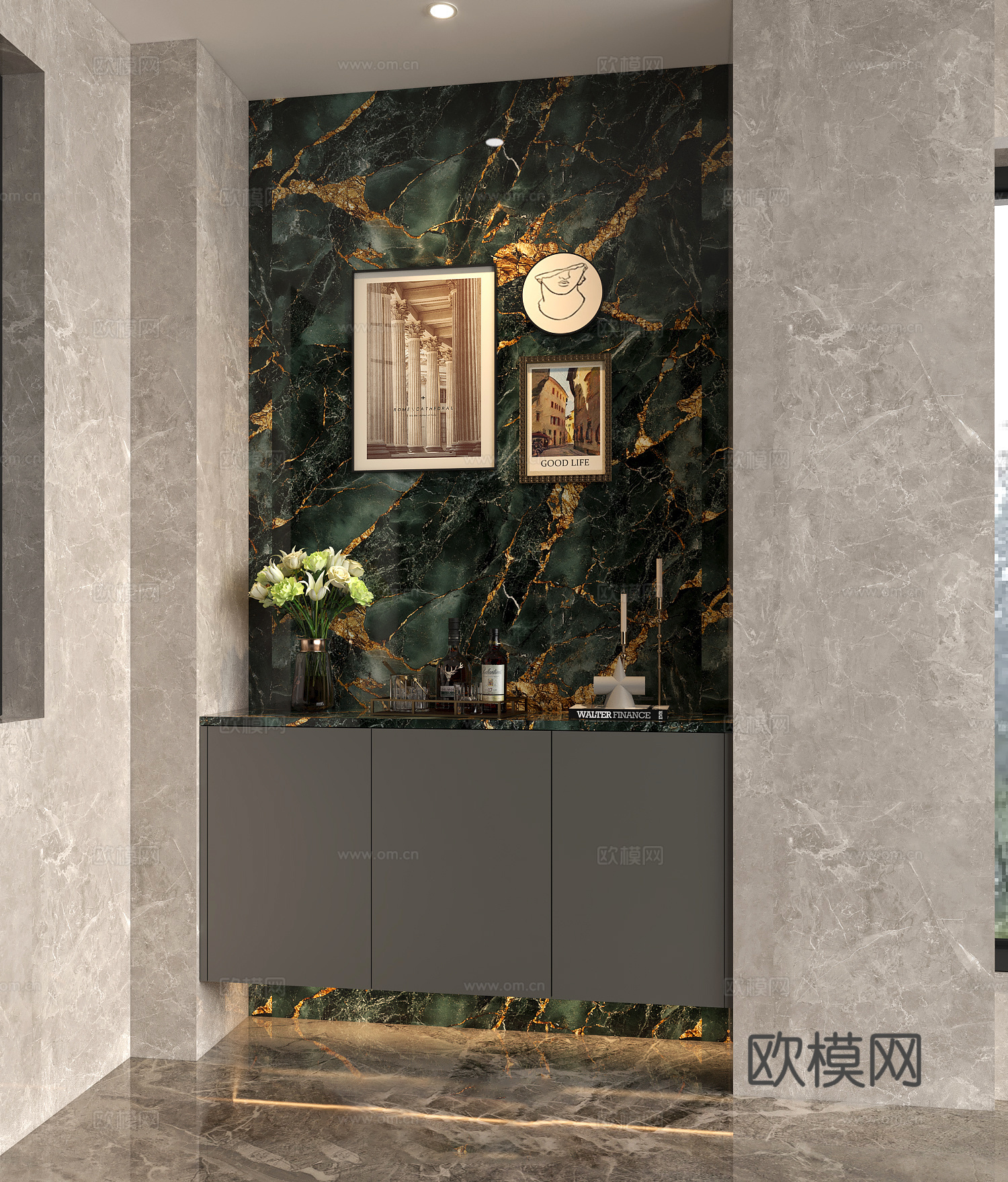 意式玄关门厅端景 现代入户装饰柜 意式壁龛悬浮柜画 意式饰品su模型