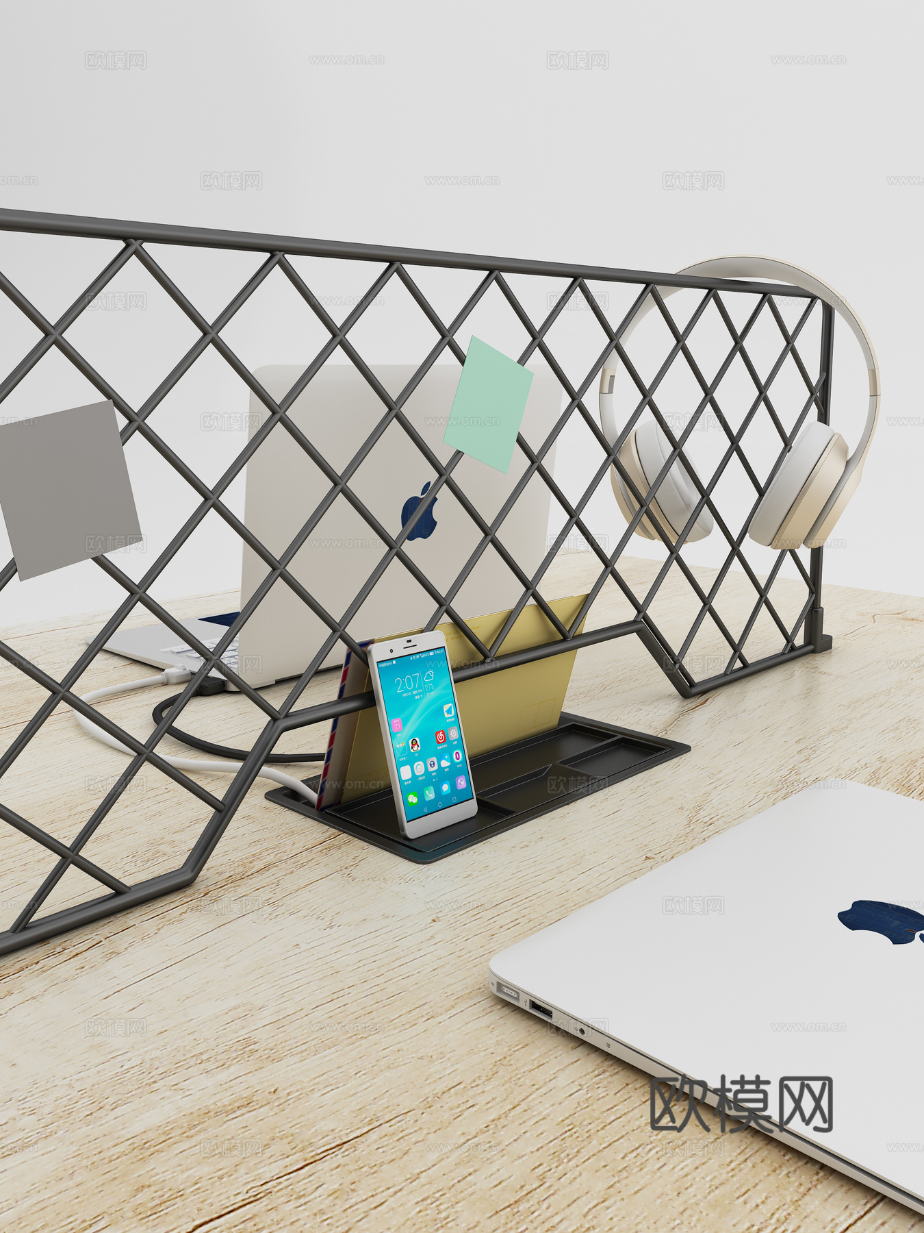 现代职员桌铁艺挡板 员工桌线盒支架 耳机 电脑3d模型下载