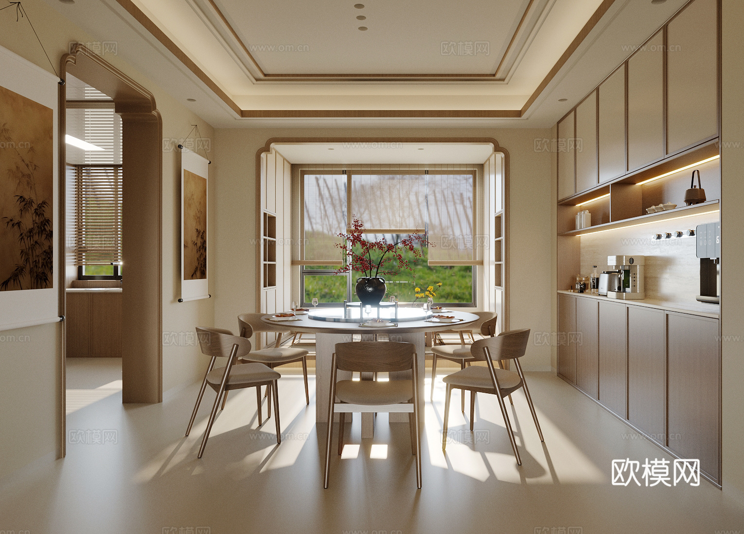新中式禅意餐厅 宋式餐厅 实木餐桌椅组合 餐边柜 茶水柜su模型