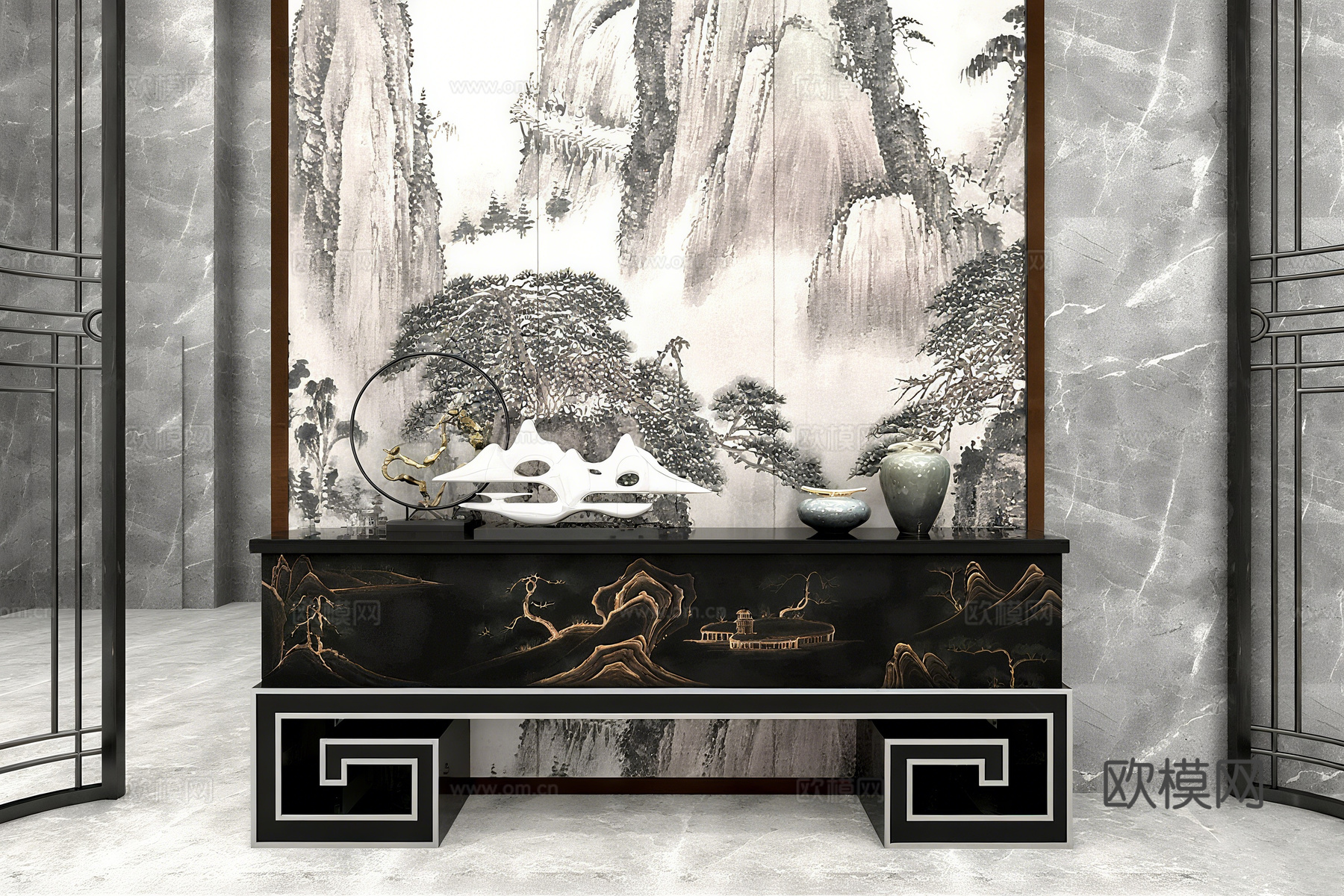 新中式水墨玄关柜 金绘山水纹黑桌 青瓷摆件 抽象山形铜雕su模型
