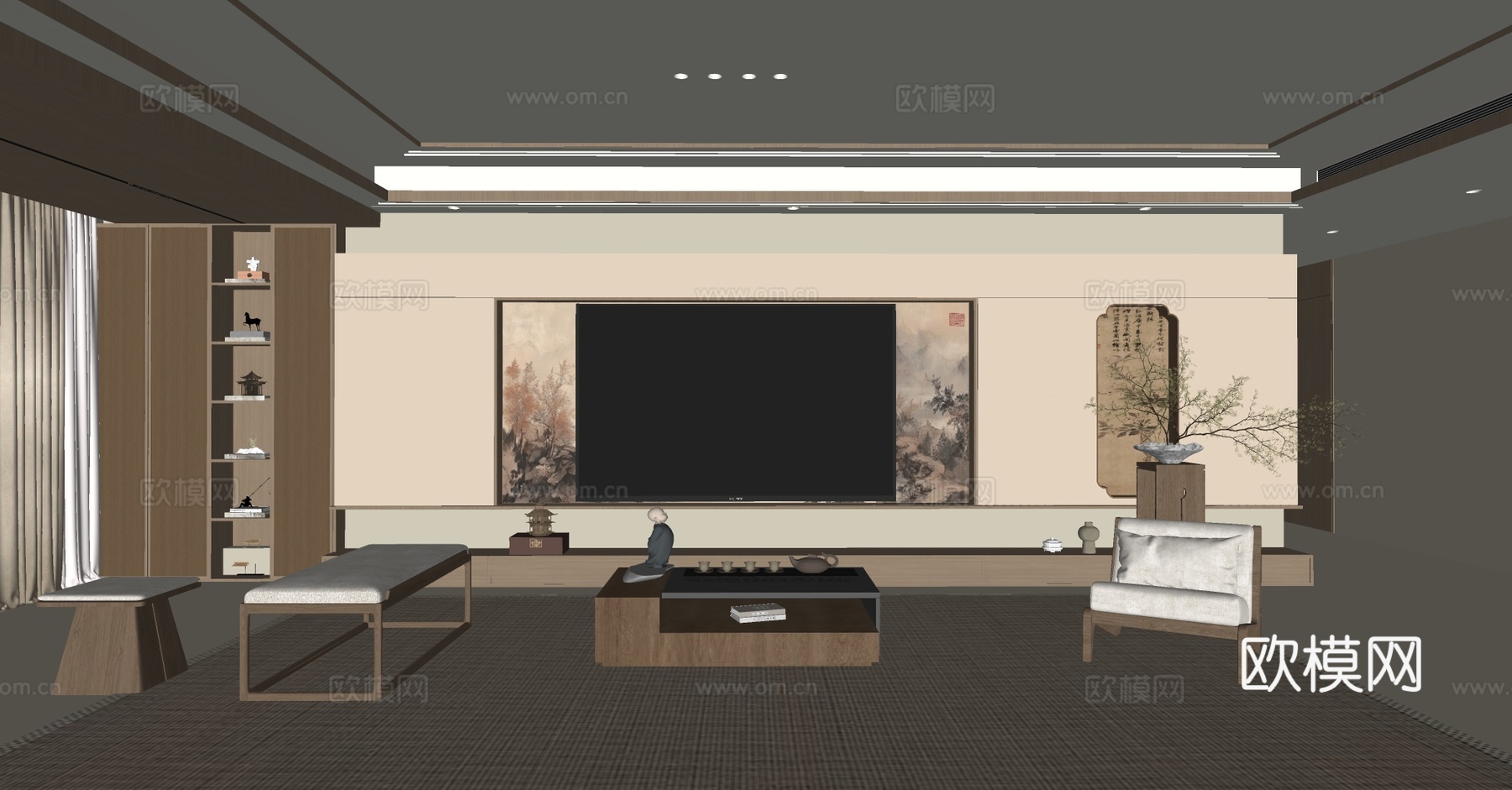 新中式禅意家居客厅 电视背景墙 宋式美学背景墙 客厅背景墙su模型