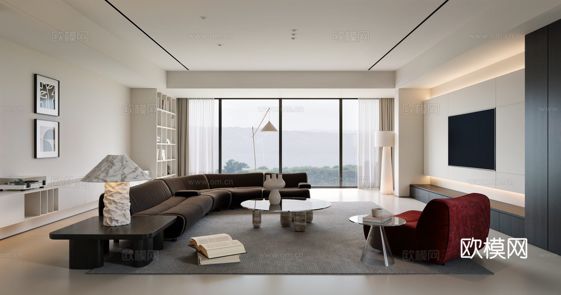 现代客厅 沙发组合 电视背景墙 茶几组合 落地灯 单椅组合su模型
