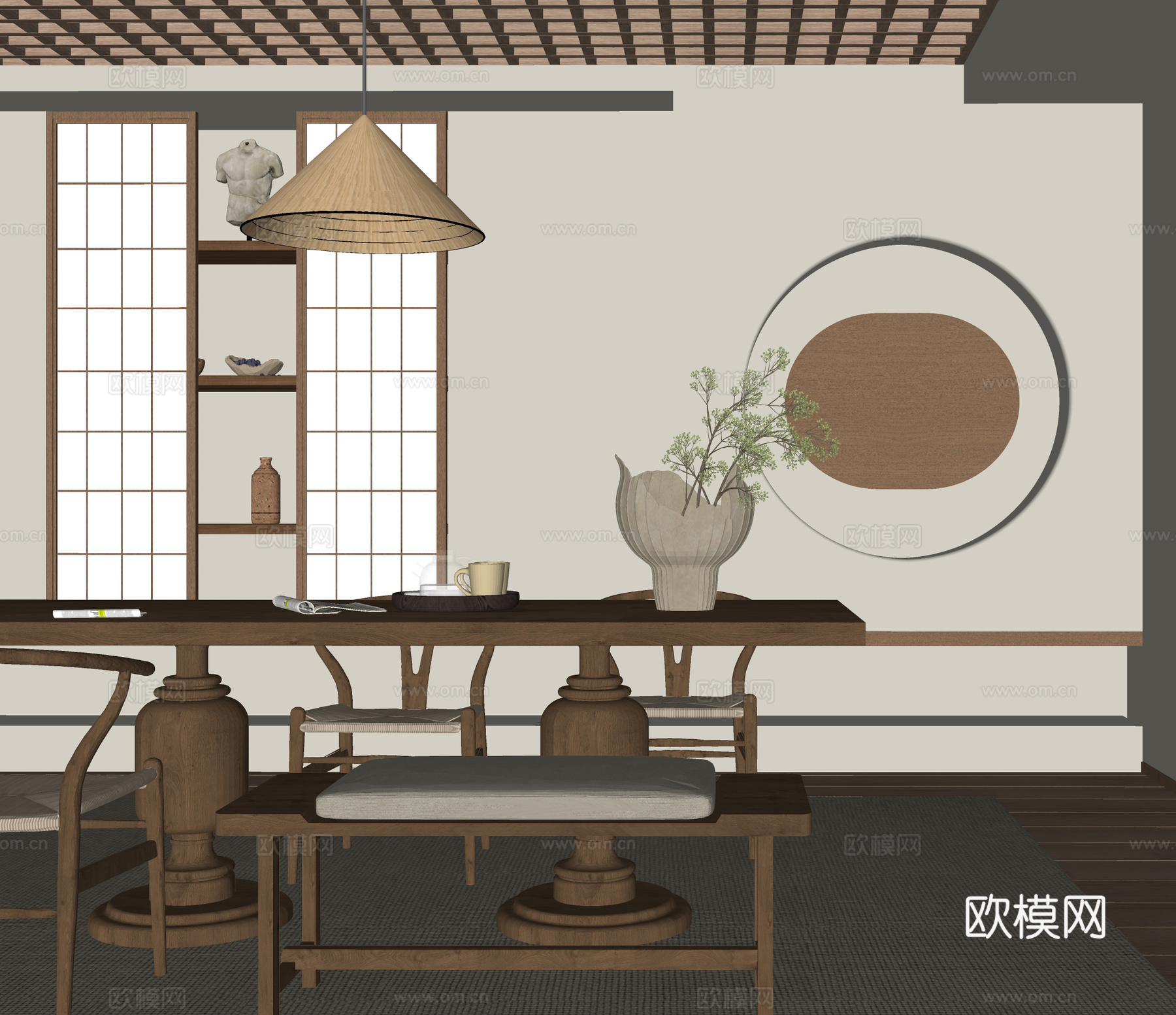 现代茶室 茶桌椅 吊灯 餐椅su模型