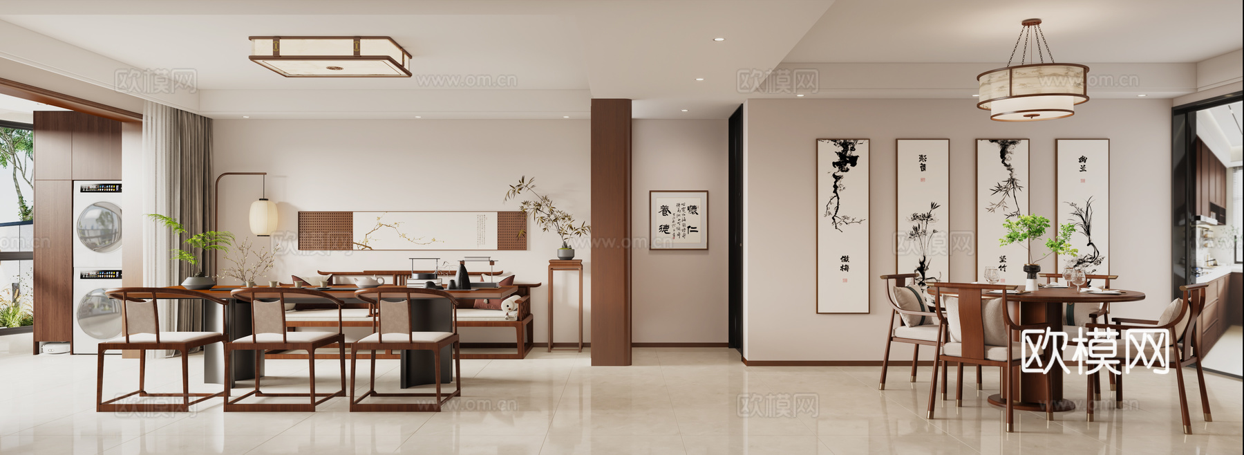 中古风客餐厅 新中式沙发 中古风茶桌 新中式餐桌 中式挂画3d模型下载（渲染图1）