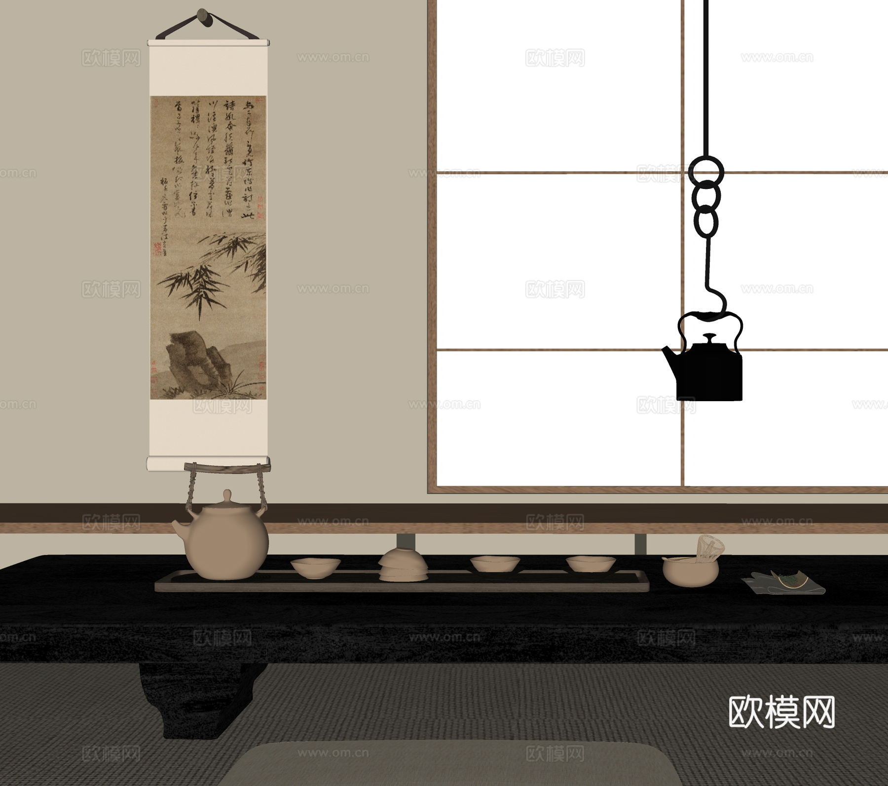 现代茶具摆件 挂画 茶室 榻榻米茶桌椅su模型