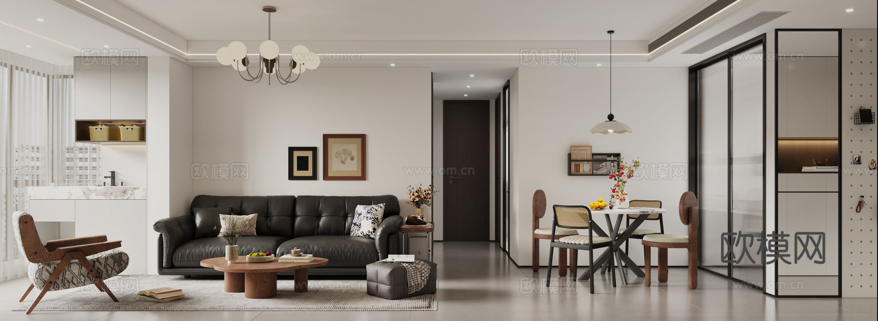 中古风客餐厅 中古风餐桌 中古风沙发 中古风吊灯 中古风酒柜3d模型下载（渲染图2）