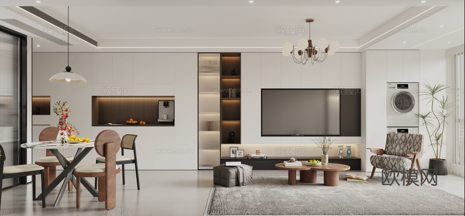 中古风客餐厅 中古风餐桌 中古风沙发 中古风吊灯 中古风酒柜3d模型下载（渲染图1）